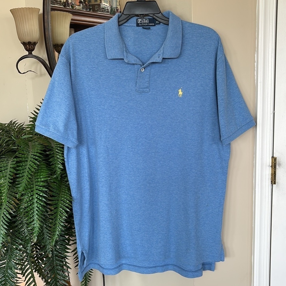 Polo Ralph Lauren Blue Short Sleeve Golf Shirt Embroidered Yellow Pony Collared